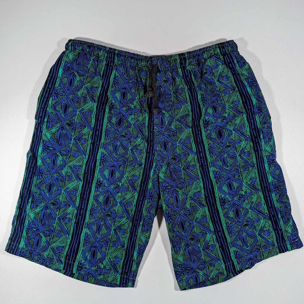 Vintage 90s GAP Swim Trunks Size XL Abstract Geometric Pattern Green Blue Rare
